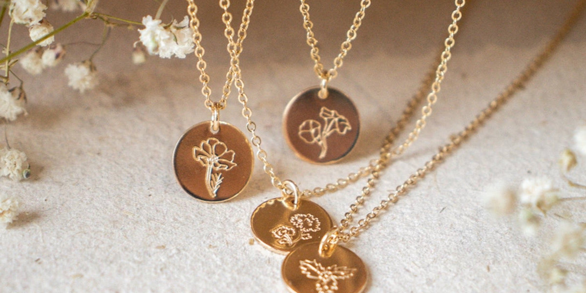 Birth Flower Necklace Engravable Charm Necklace Family Birthflower