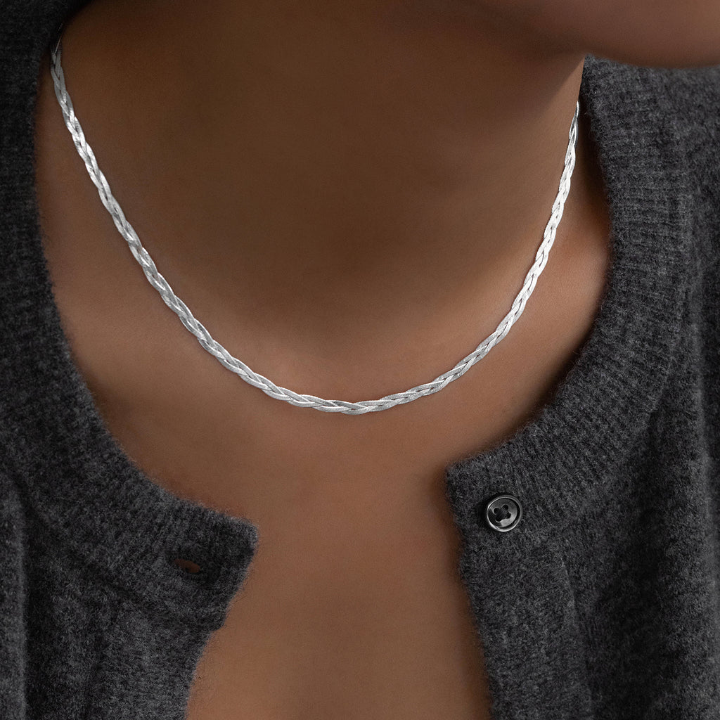 Braided Herringbone Necklace Silver